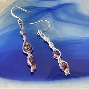 $10 SALE Handmade Purple Marbled Jasper Earrings 2” Boho Hemp Tied Knot